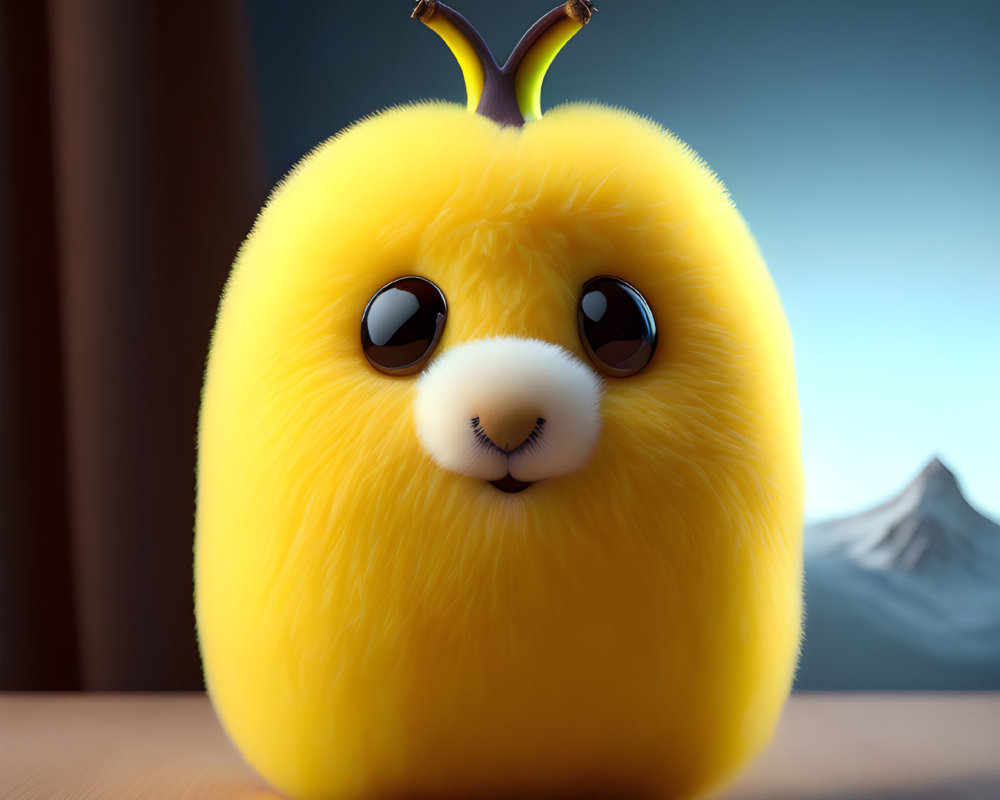 Fluffy yellow creature with big eyes and crown indoors