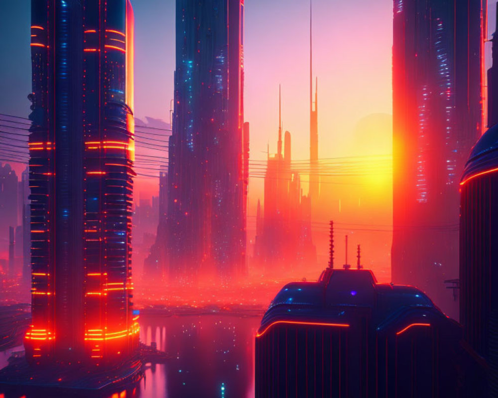 Futuristic sunset cityscape with neon-lit skyscrapers & glowing water.