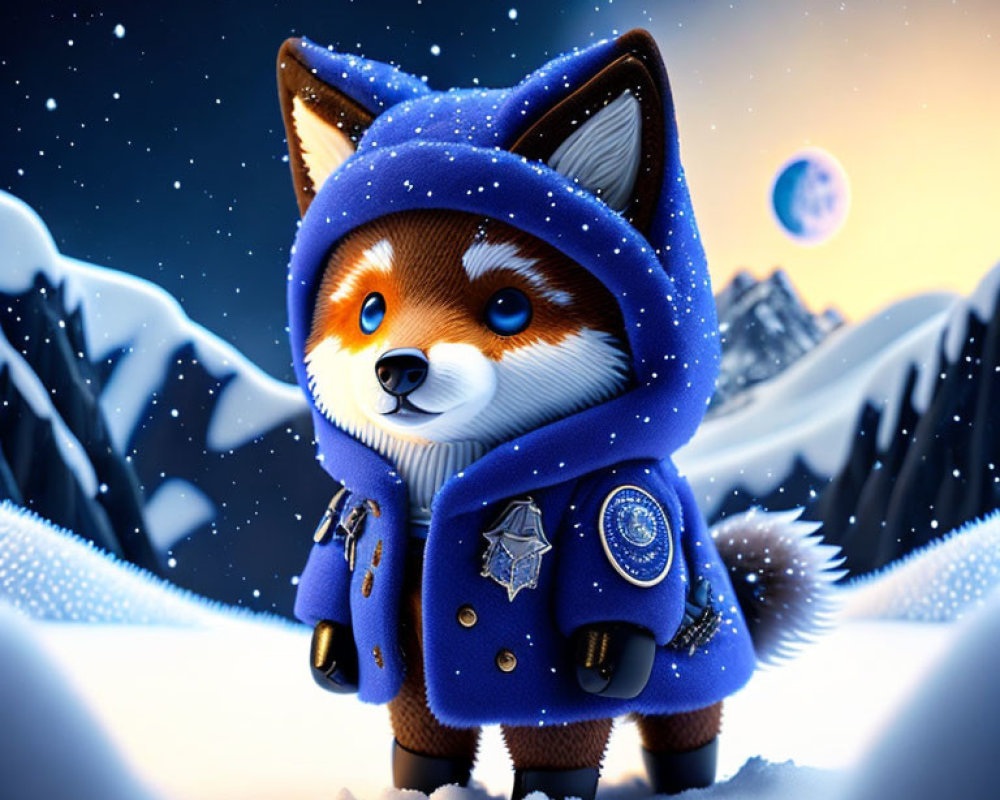 Red Fox in Blue Star Cloak Stands in Snowy Mountain Landscape