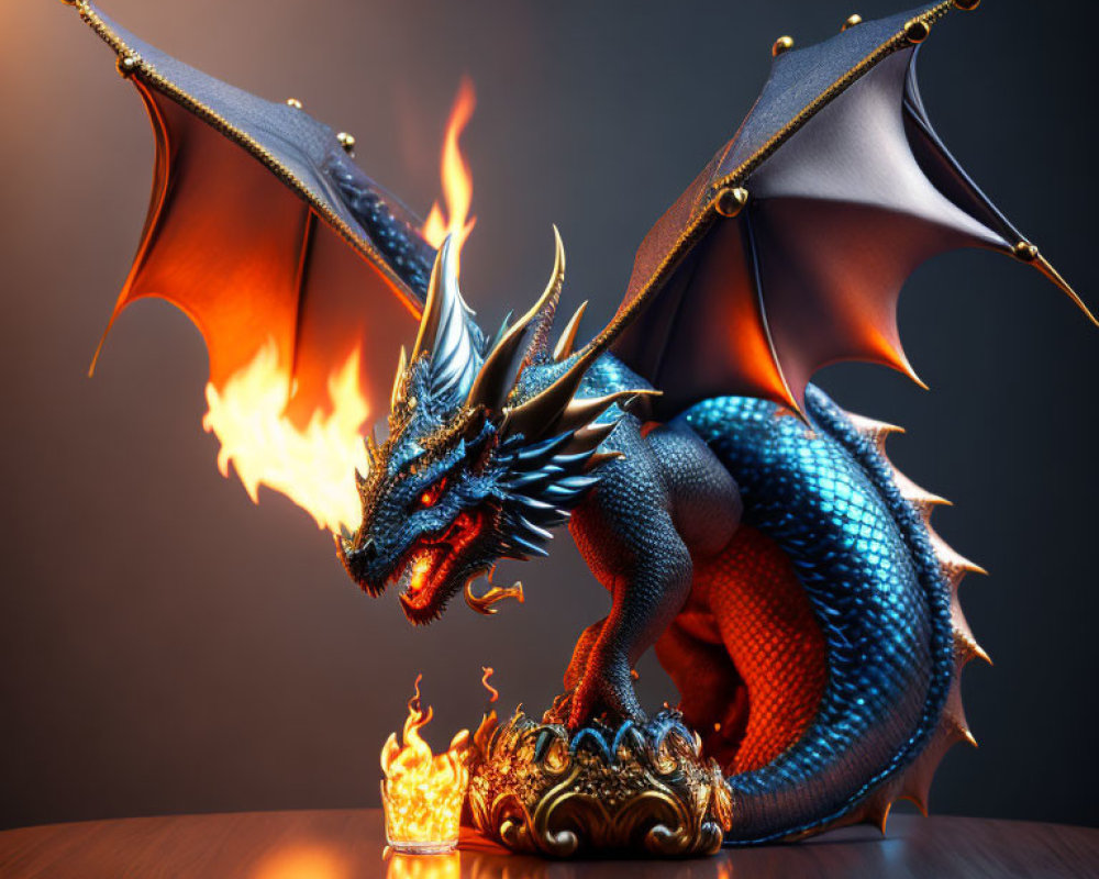 Blue Dragon Figurine with Spread Wings and Golden Treasure Chest Emitting Flames