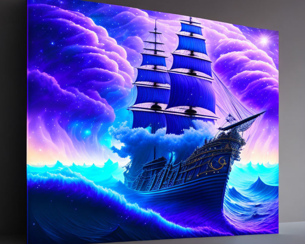 Canvas Print: Grand Sailing Ship on Turbulent Sea, Purple Sky