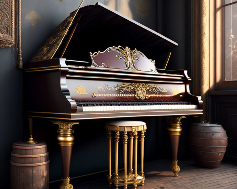 Luxurious Room with Ornate Grand Piano and Gold Accents