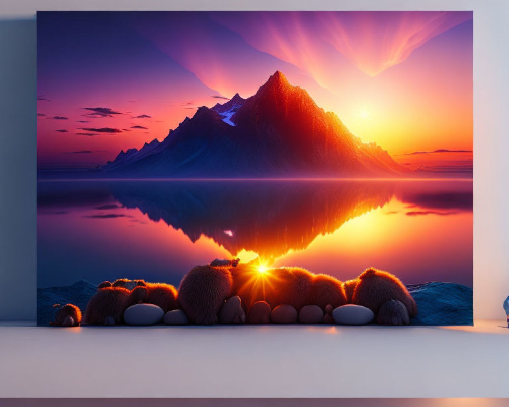 Mountain sunset reflected on calm lake with illuminated rocks