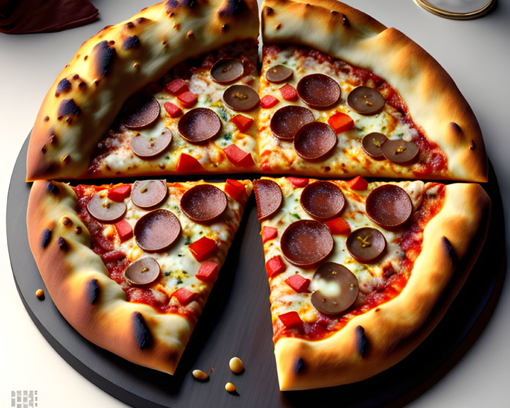Pepperoni pizza with bell peppers and olives on circular board with pink drink