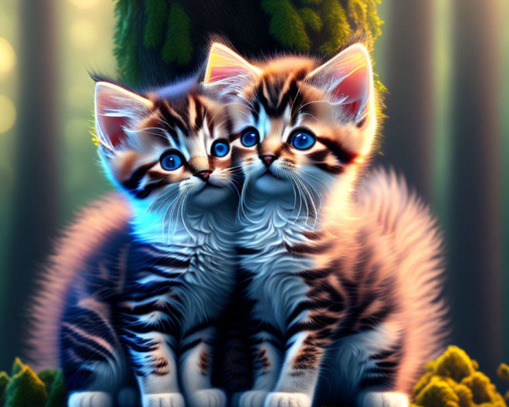 Fluffy kittens with blue eyes in magical forest setting