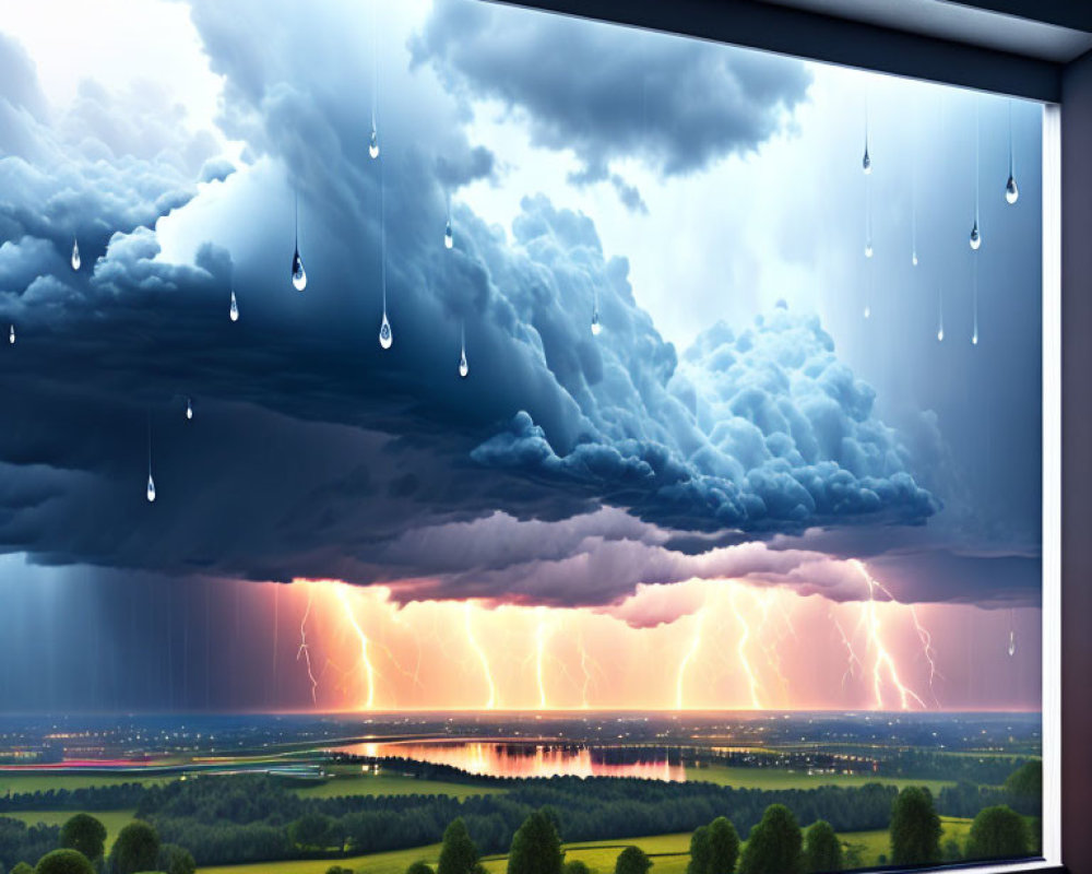 Surreal storm scene through large window with dark clouds, raindrops, lightning.