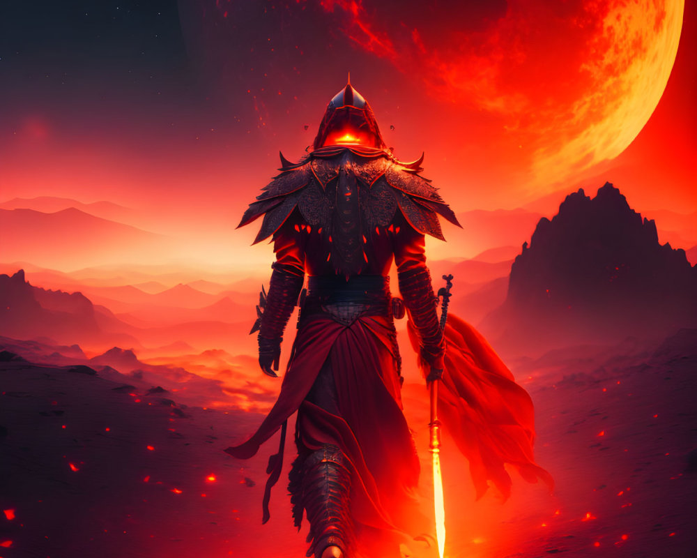 Ornate armored warrior with glowing sword on red alien landscape