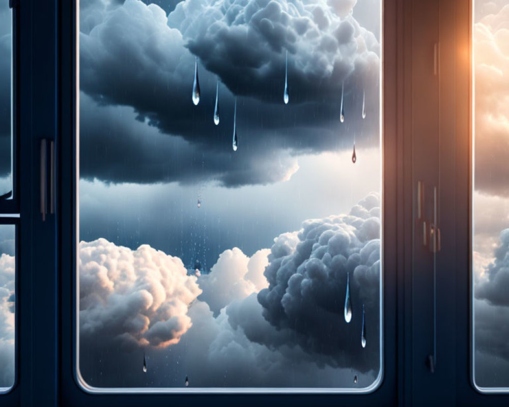 Surreal view: Oversized raindrops against dramatic clouds