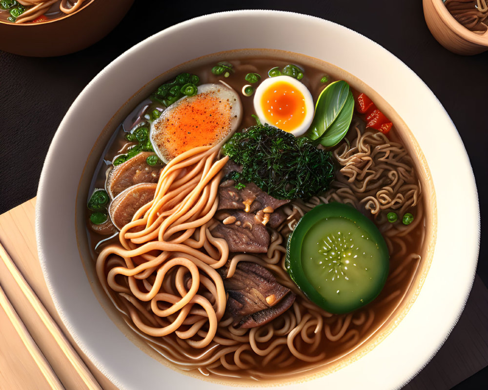 Japanese Ramen Bowl with Beef, Egg, Seaweed, Cucumber, and Chili Peppers