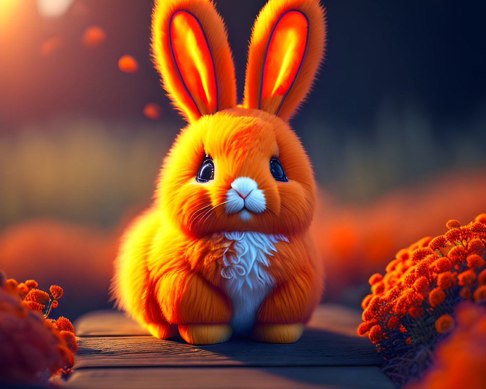 Vibrant orange rabbit in magical forest with glowing flowers