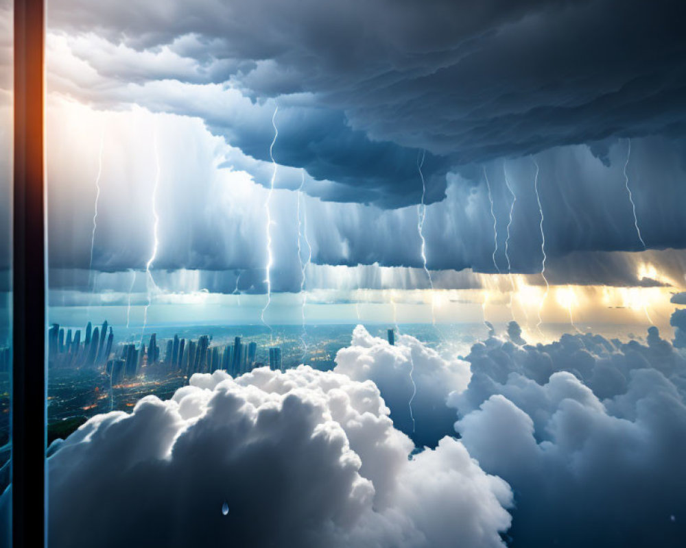 City skyline under stormy sky with lightning strikes and golden sunset glow