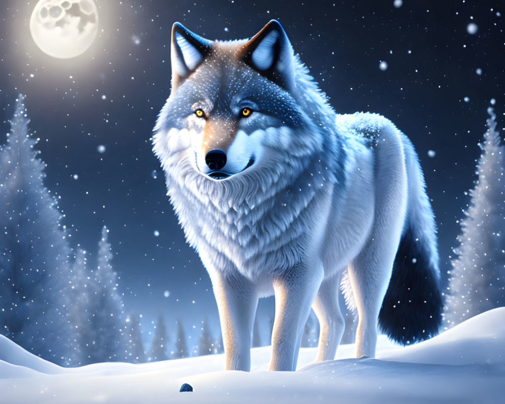 Majestic wolf in snowy forest under full moon