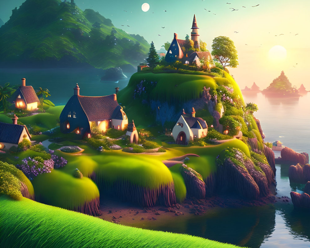 Fantasy village with thatched-roof cottages, castle, and twin moons at sunset