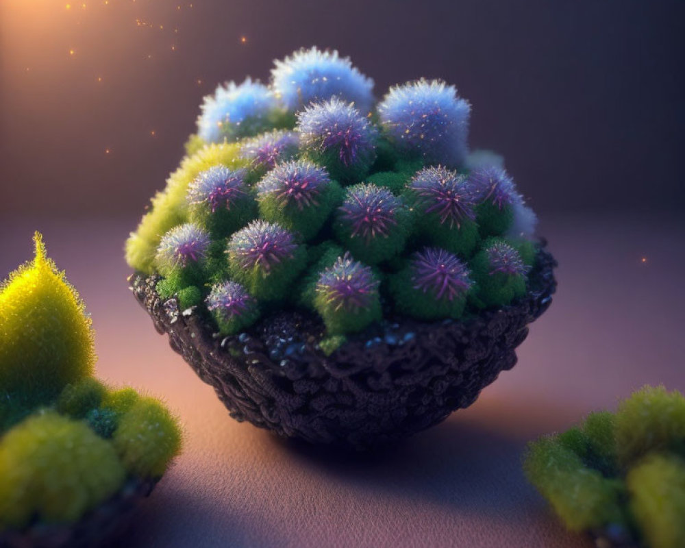 Vibrant green and purple plant-like organisms in dark bowl