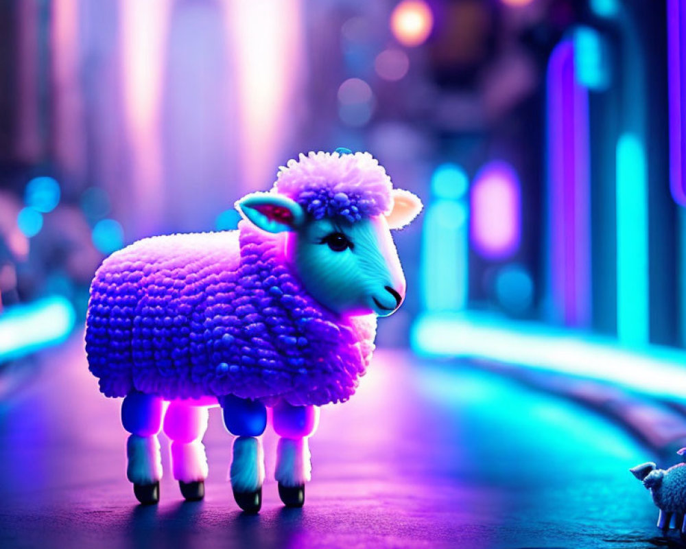 Colorful Toy Sheep Encounter on Neon-Lit Street