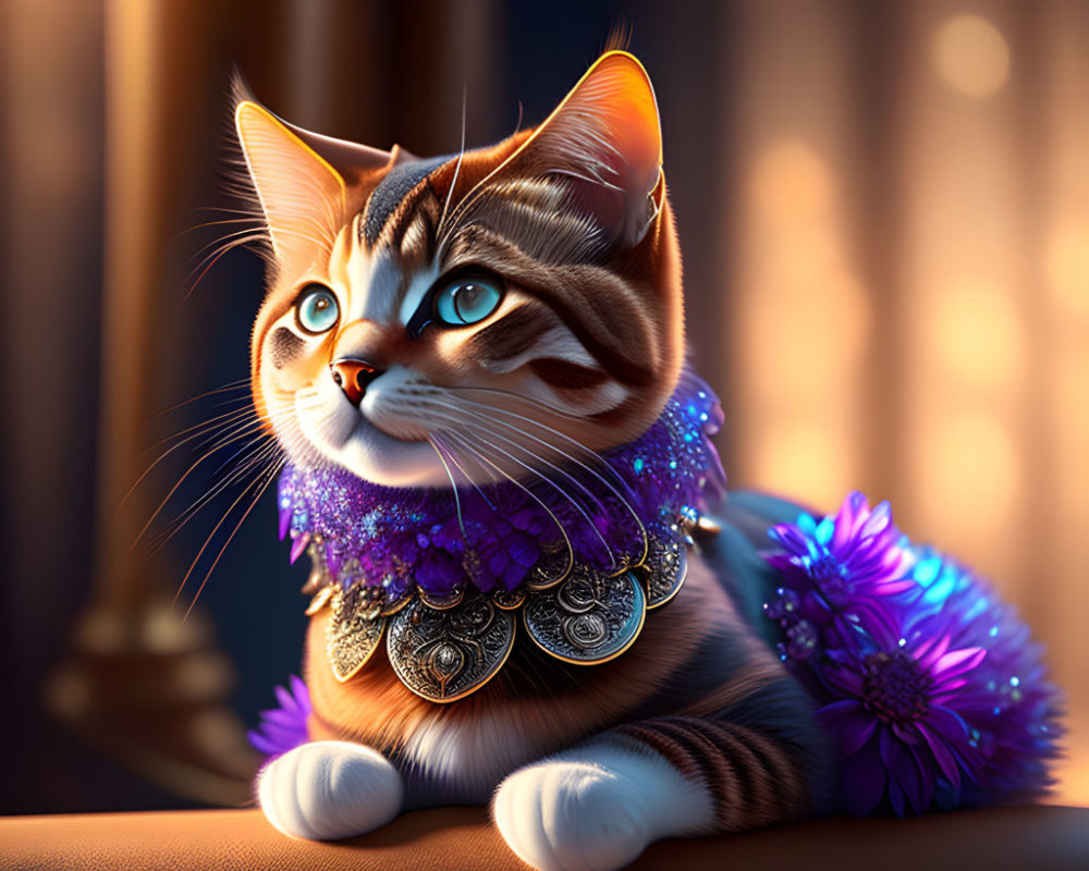 Brown and White Cat with Blue Eyes and Purple Collar Illustration