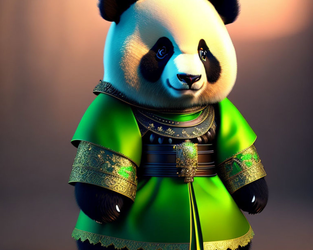 Stylized 3D illustration of a panda in ornate green robe