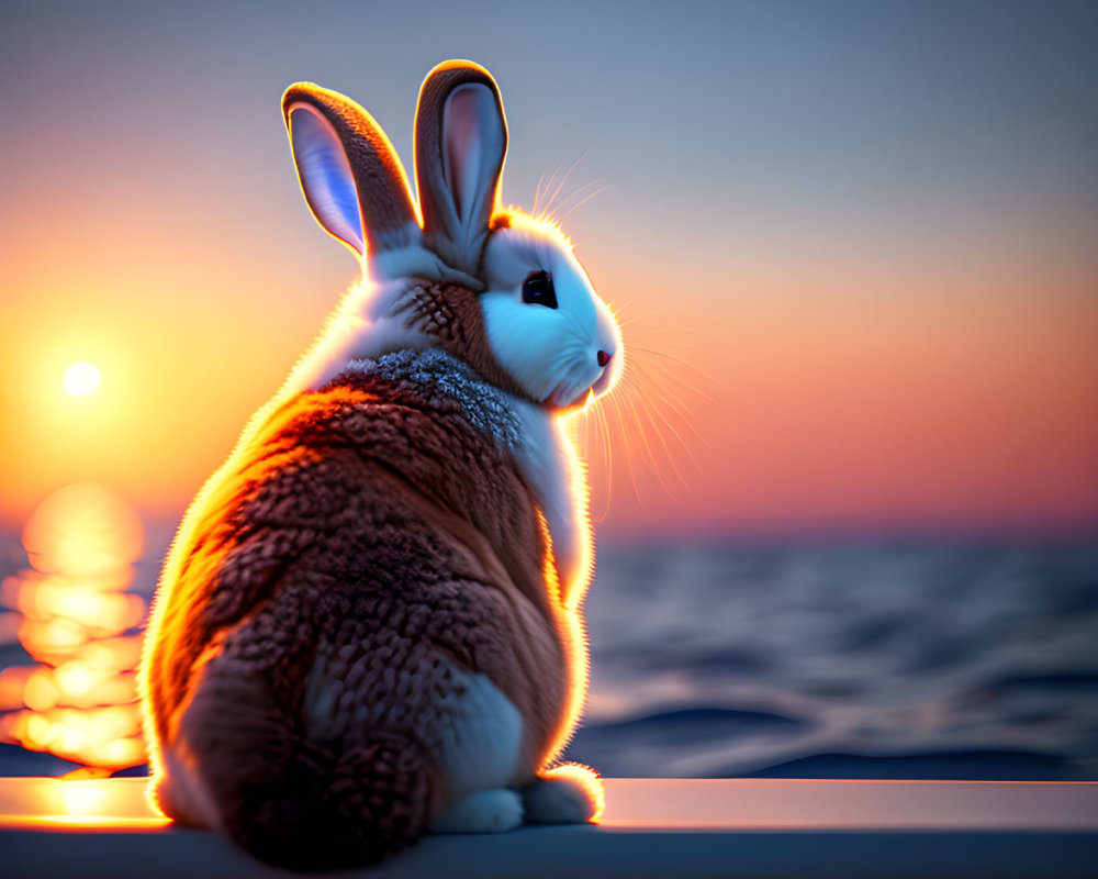 Fluffy brown rabbit on boat edge at sunset with shimmering ocean.