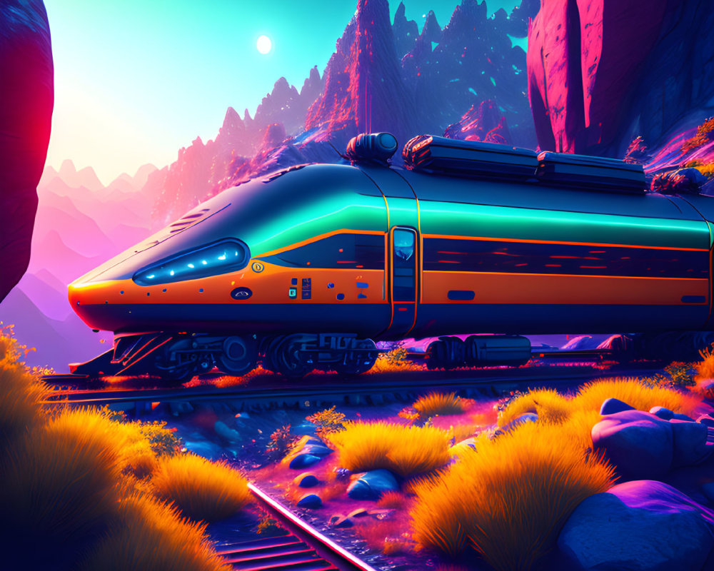 Sleek futuristic train on alien landscape with purple mountains & glowing flora