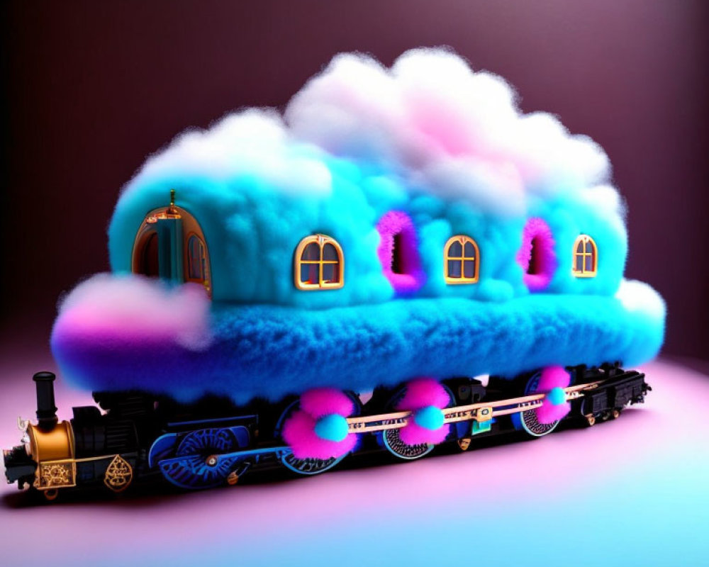 Whimsical train with blue carriages and purple details on gradient background