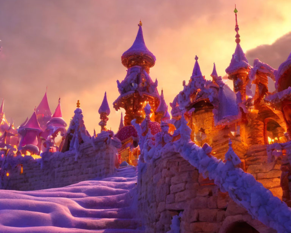 Snowy castle glows in warm sunset light