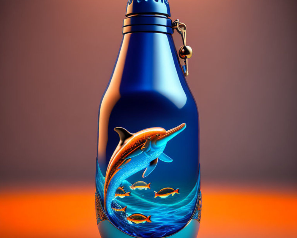 Blue Reusable Water Bottle with Dolphin and Wave Design