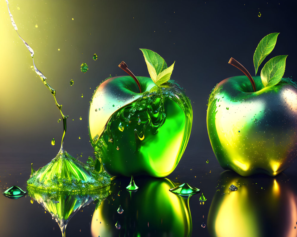 Glossy green apples with water splashes on dark reflective background