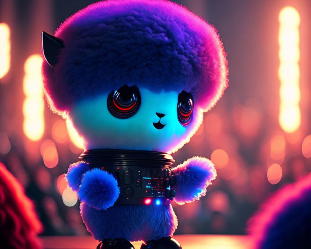 Glowing purple fluff plush toy with big eyes and robotic body on colorful backdrop