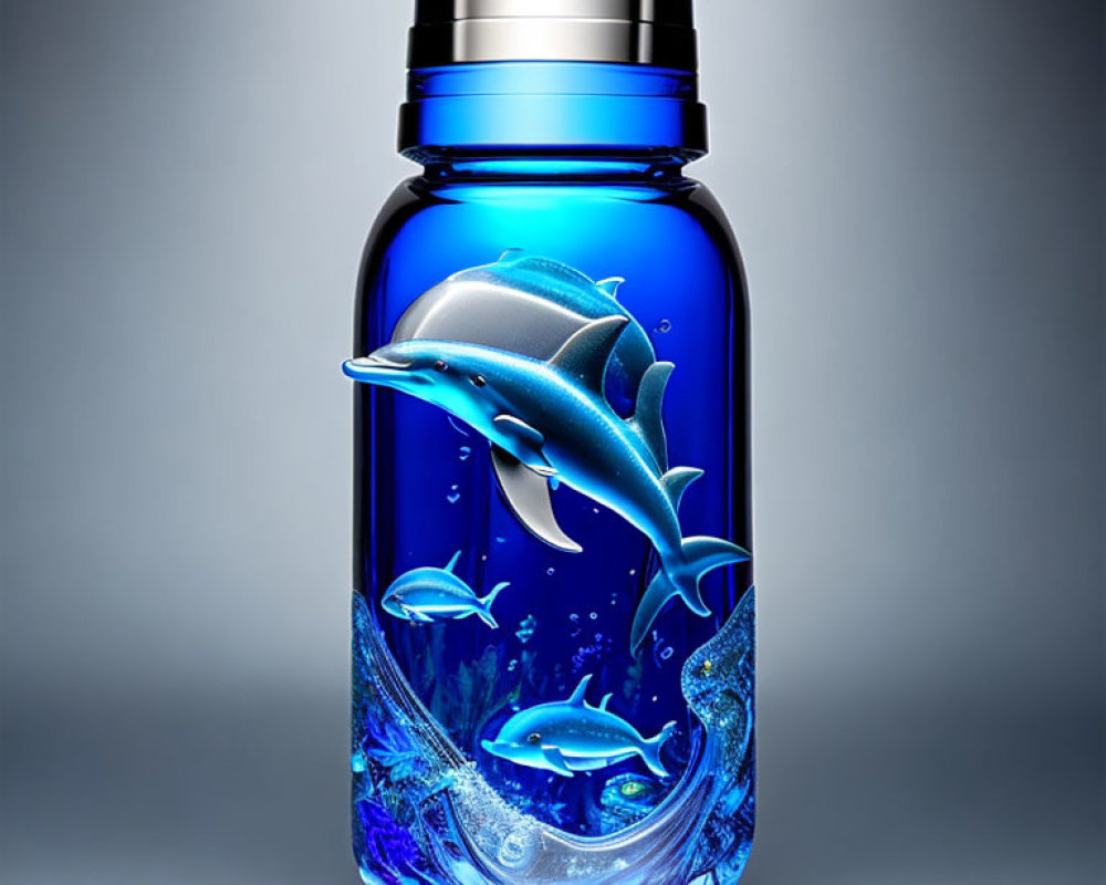 Clear Blue Water Bottle with 3D Dolphin and Fish Design on Grey Background