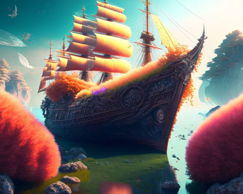 Fantastical ship with lush foliage sails on serene lake surrounded by whimsical pink trees