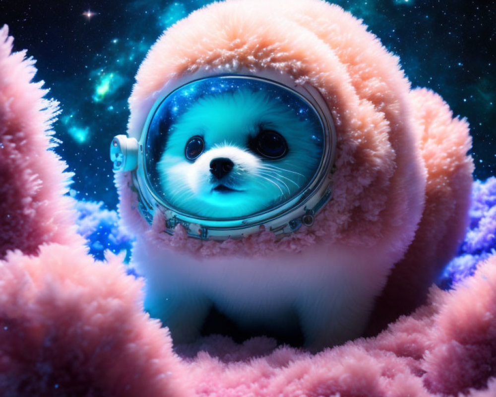 Adorable seal in astronaut helmet with pink coral under starry sky