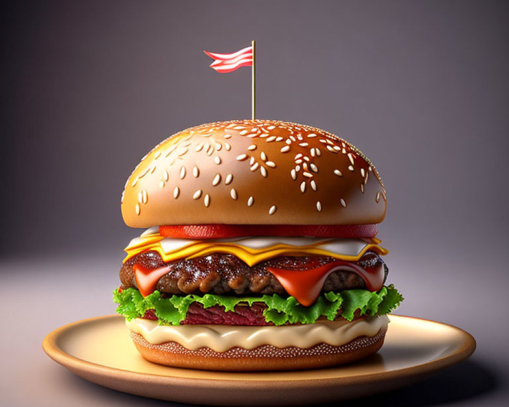 Traditional Cheeseburger with Beef Patty, Melted Cheese, Lettuce, Tomato, and Flag