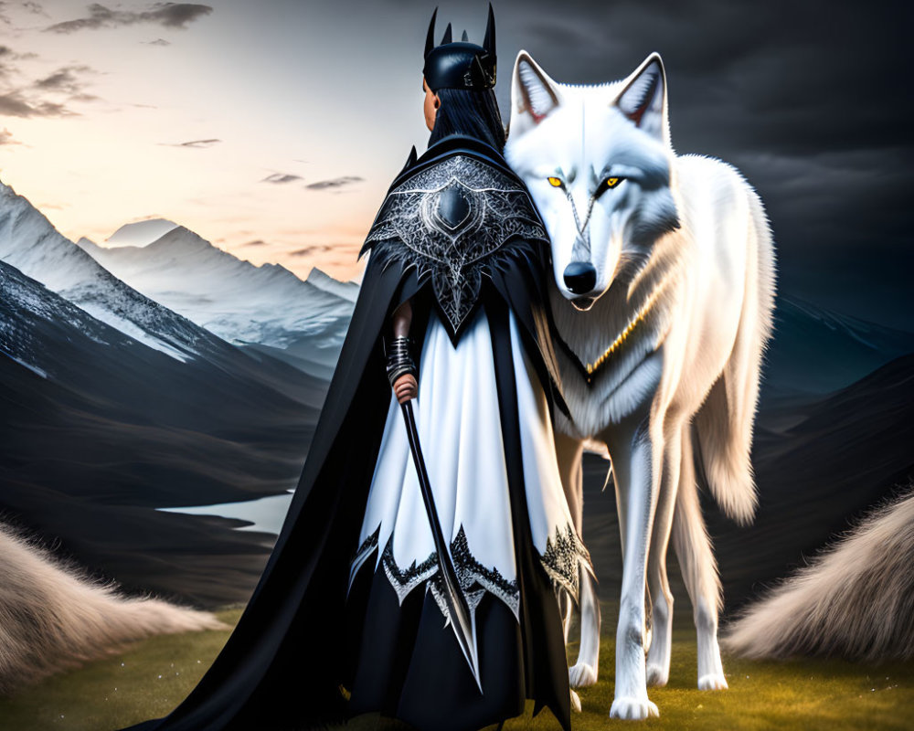 Person in Batman costume with white wolf in mountain landscape at dusk
