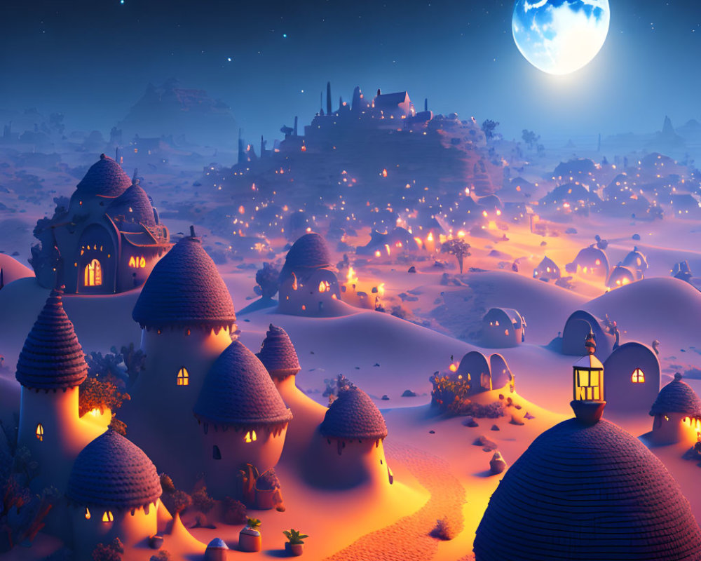 Desert village at night with round thatched-roof houses under starry sky