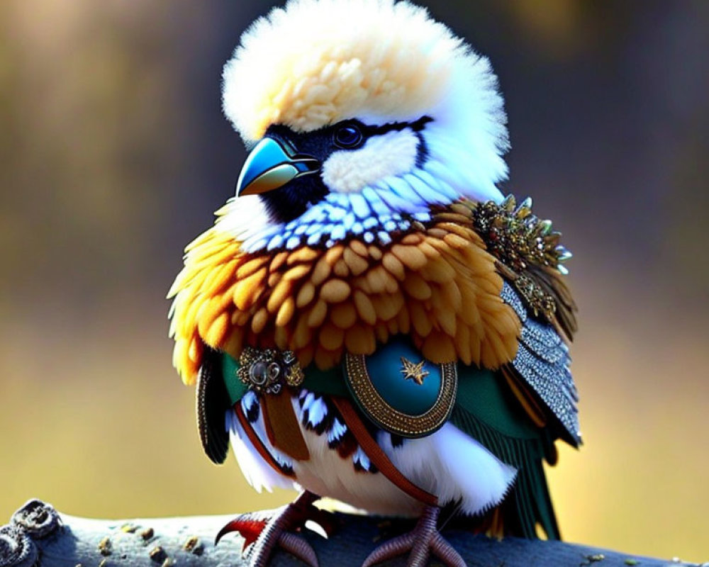 Digitally altered image of a whimsical bird-human hybrid with ornate attire.