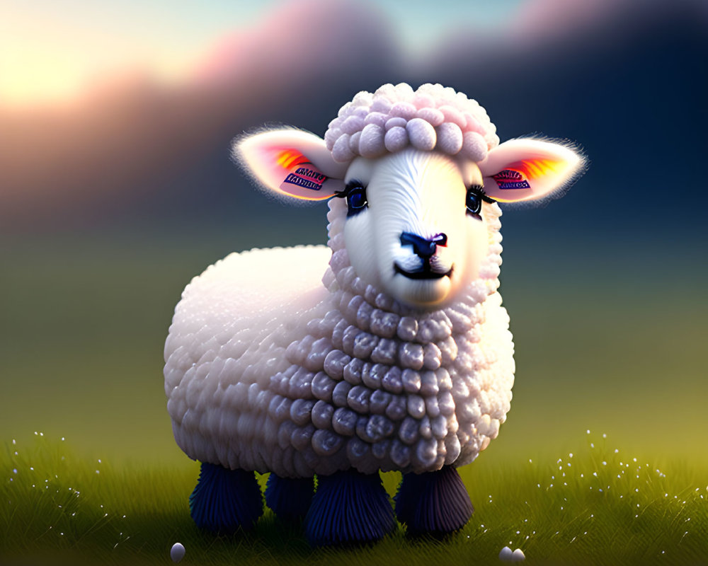 Stylized cartoon sheep in grassy field at sunset