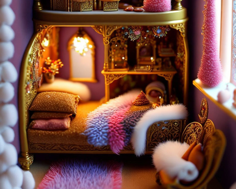 Luxurious miniature room with ornate golden furniture & colorful pillows