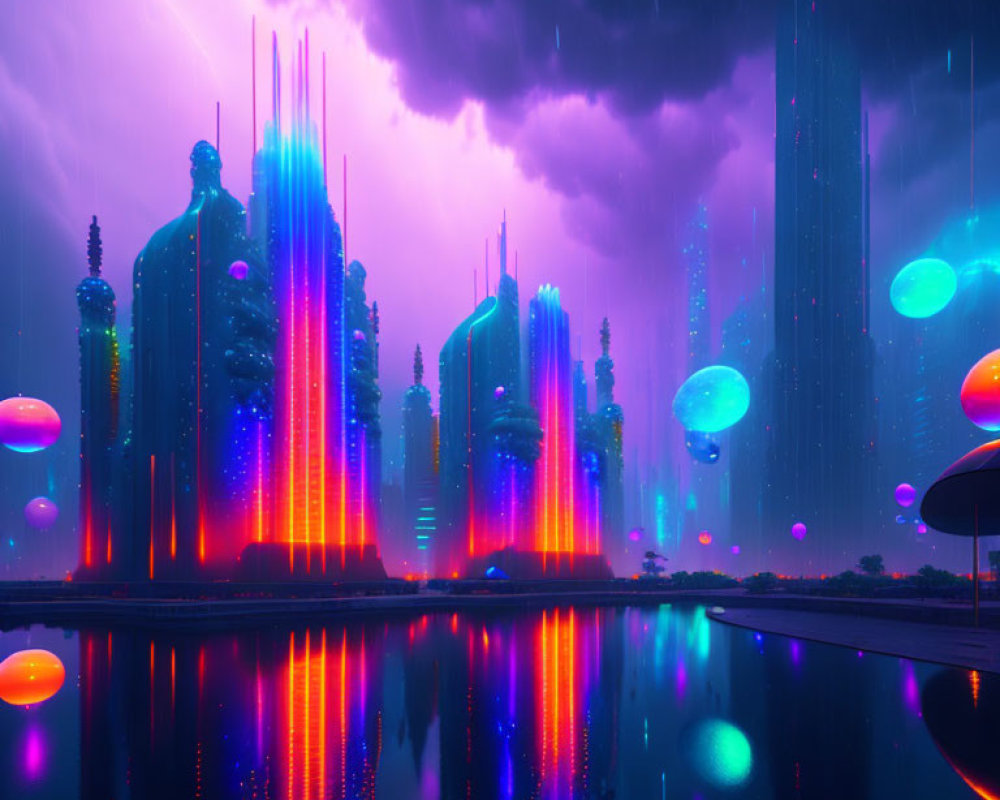 Futuristic cityscape with neon-lit skyscrapers and glowing jellyfish-like entities in storm