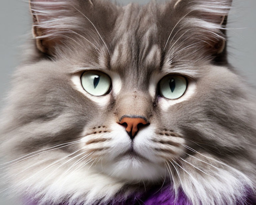 Fluffy grey and white cat with green eyes and purple fur detail