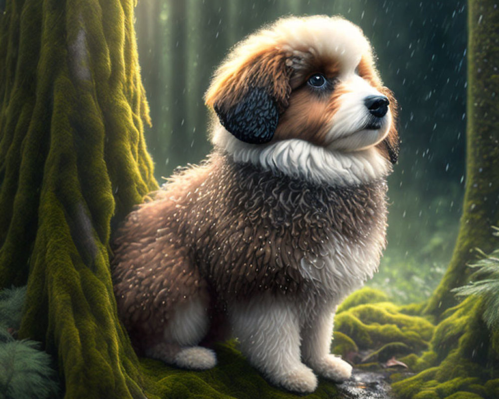 Brown and White Dog in Rainy Forest Scene