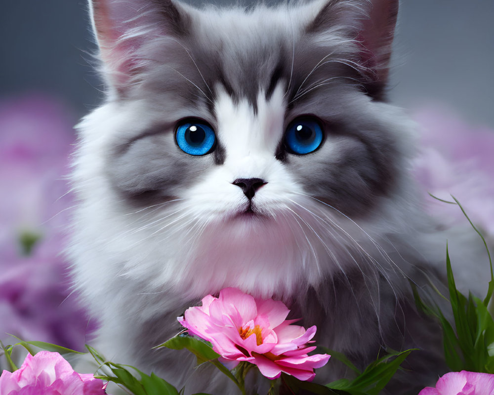 Grey and White Cat with Blue Eyes Surrounded by Pink Flowers on Grey Background