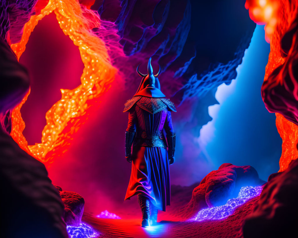 Samurai armor figure in vibrant neon-lit cave