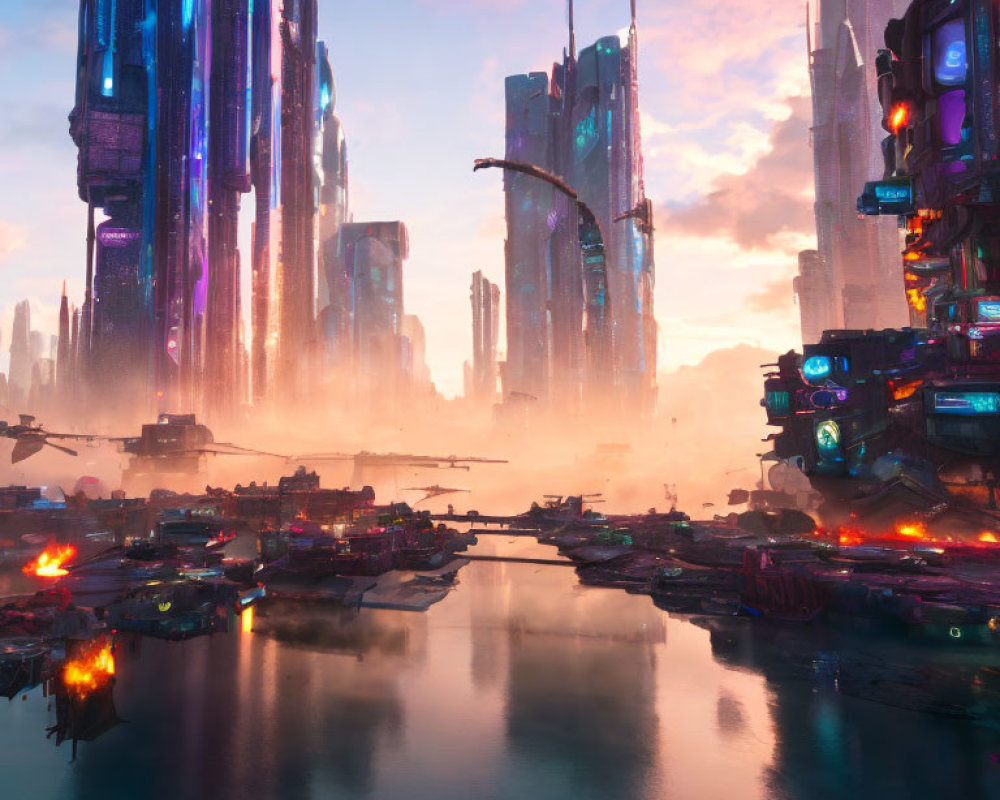 Futuristic cityscape at dawn: skyscrapers, water reflections, flying vehicles