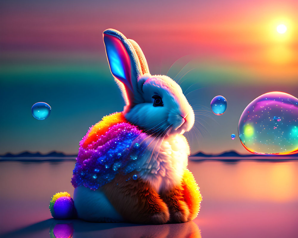 Colorful Sparkling Rabbit by Water with Sunset Sky