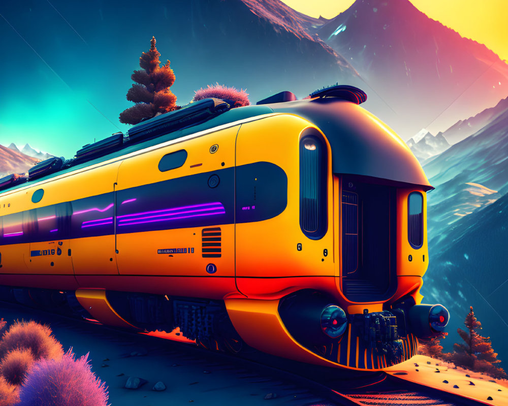 Colorful futuristic train in mountainous landscape at dusk