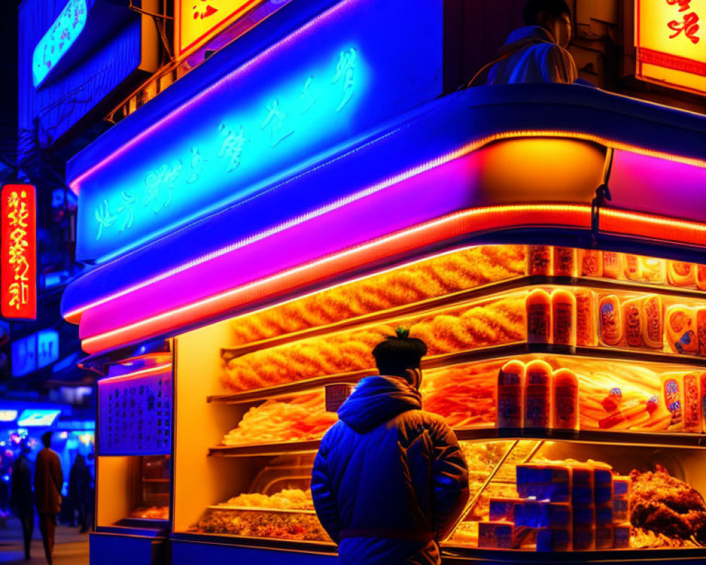 Nighttime Street Scene: Neon Signs, Bakery Display, Person in Blue Jacket