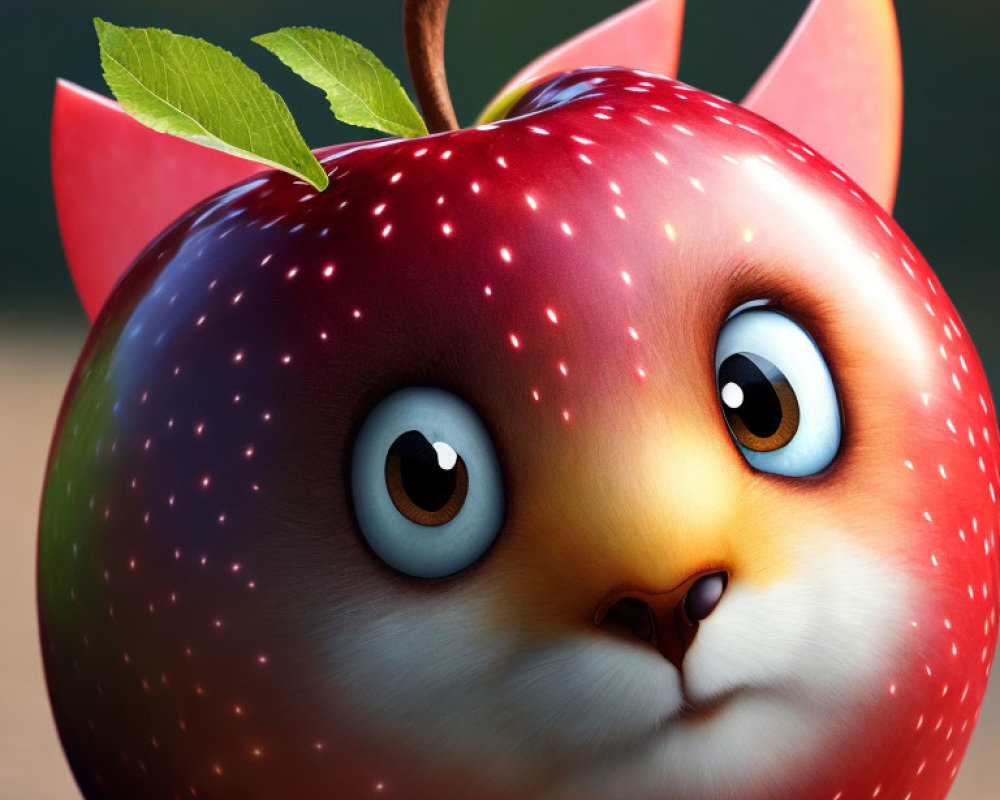 Whimsical red apple with cute cat's face illustration