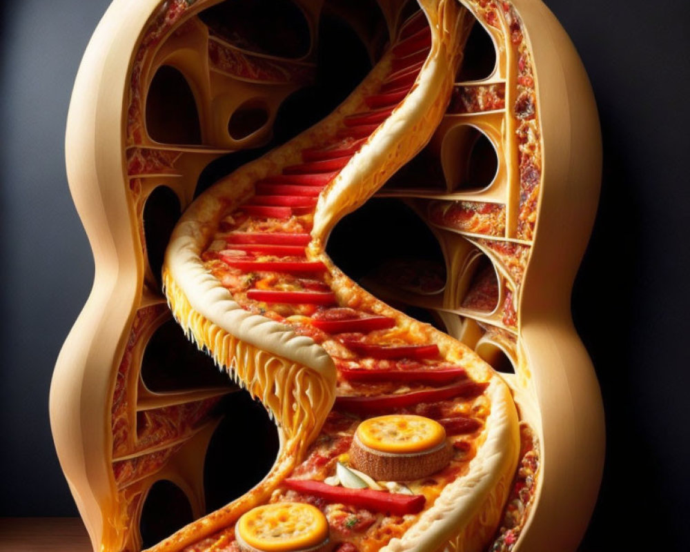 Pizza-themed human torso slice artwork with cheese and toppings anatomy representation.