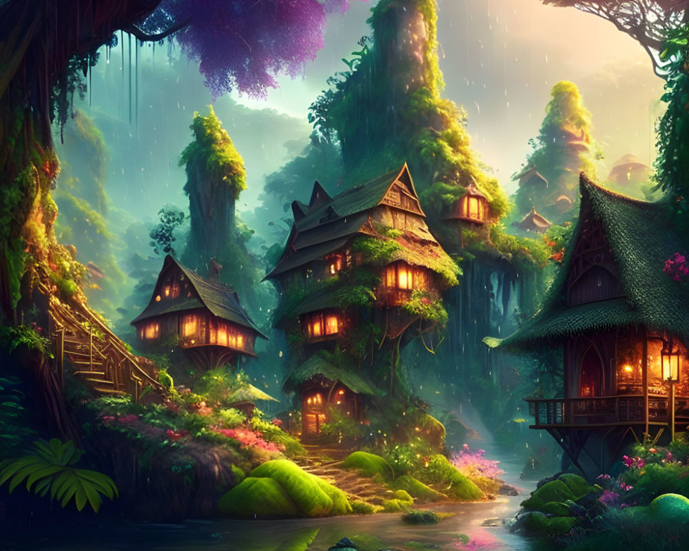 Enchanting fantasy village in lush jungle with waterfalls