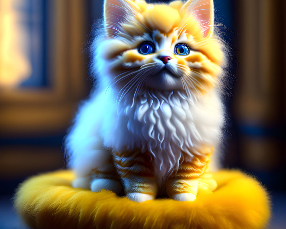 Orange and White Cat with Blue Eyes on Yellow Cushion Indoors